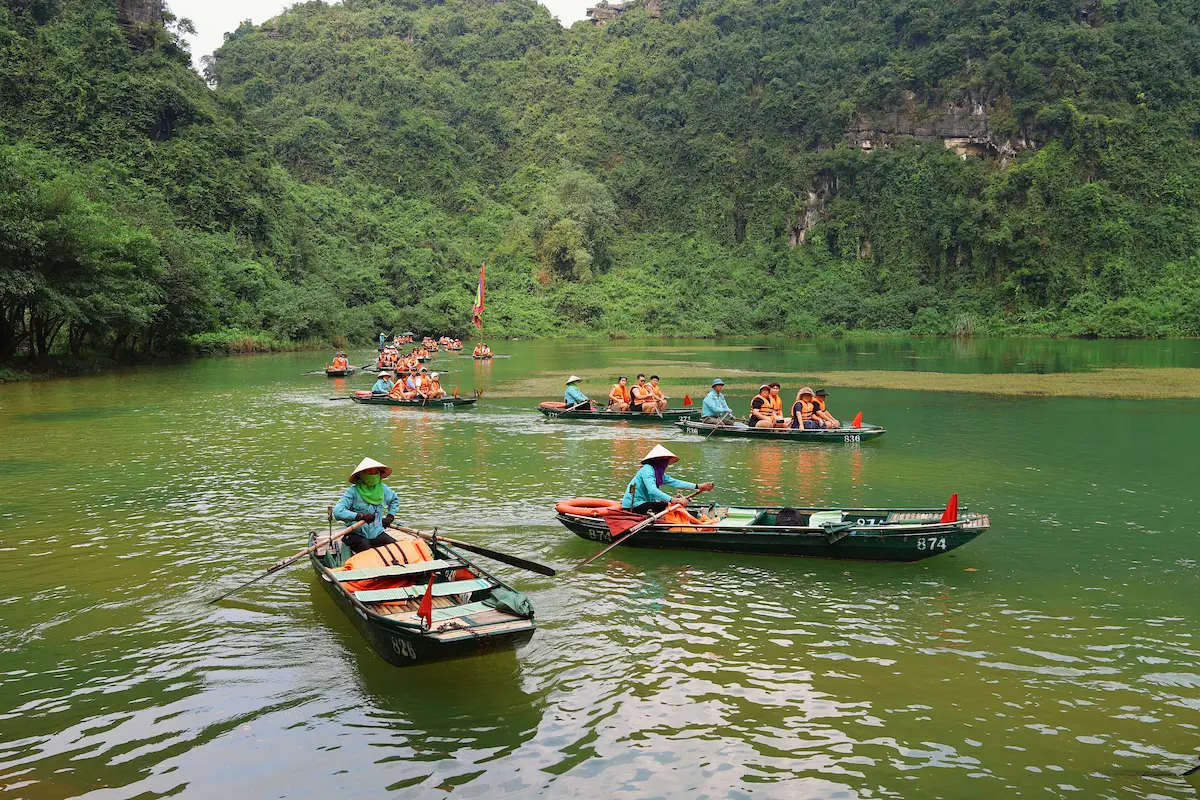 Best Time to Visit Ninh Binh: boatman rowing on Ngo Dong River in Tam Coc