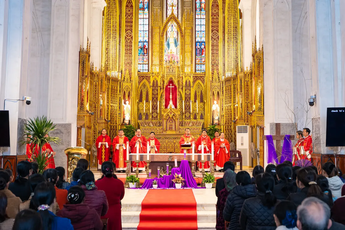 Worshippers attending Mass inside So Kien Basilica in Ha Nam, Vietnam.