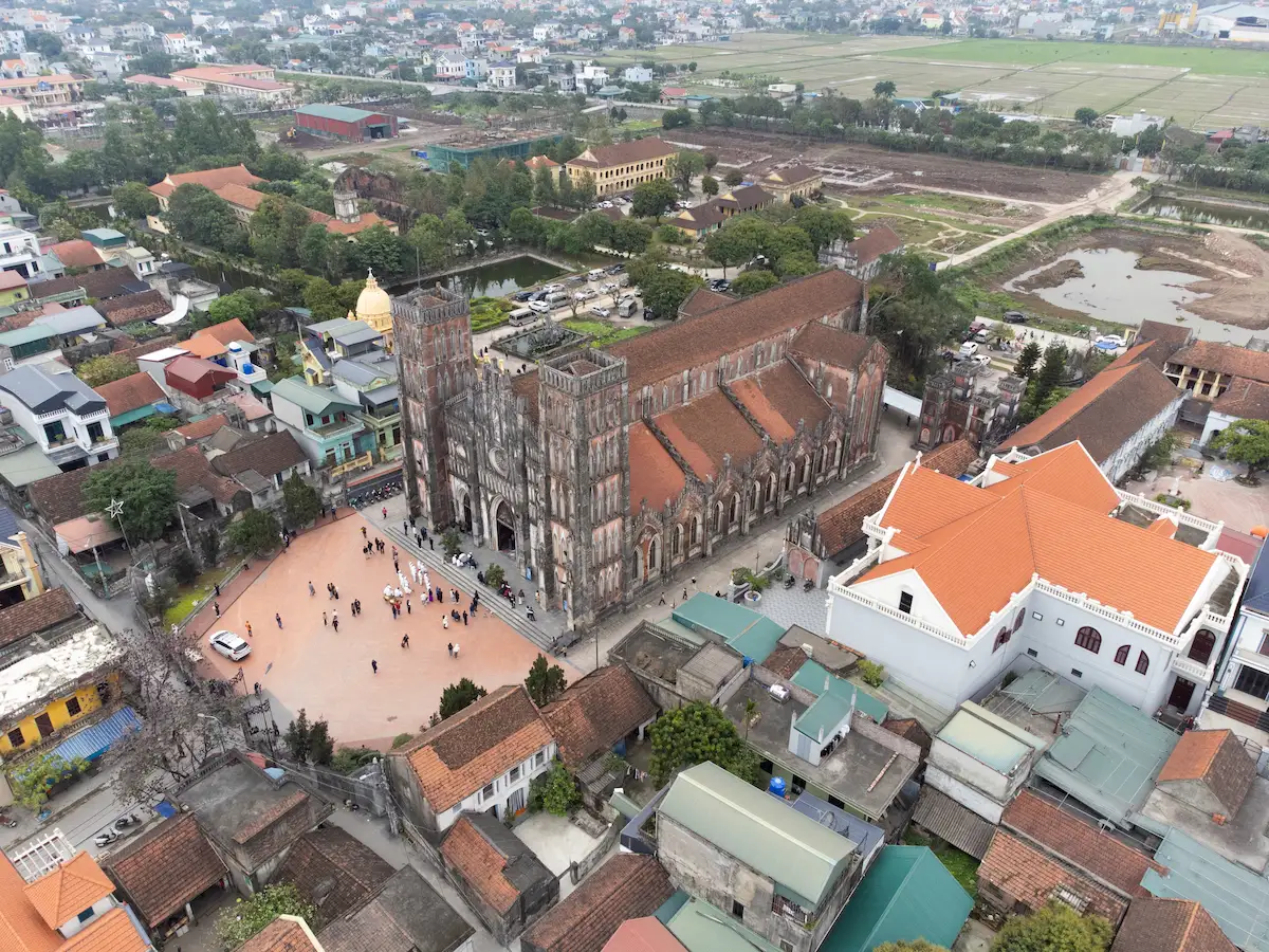Aerial view of So Kien Basilica and its surrounding grounds in Ha Nam Province, Vietnam.