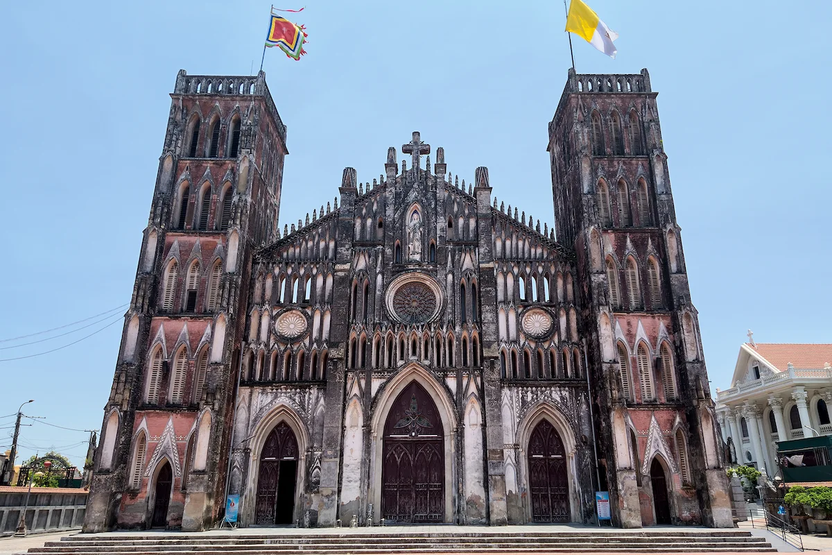 The impressive Gothic façade of So Kien Basilica in Ninh Binh, Vietnam