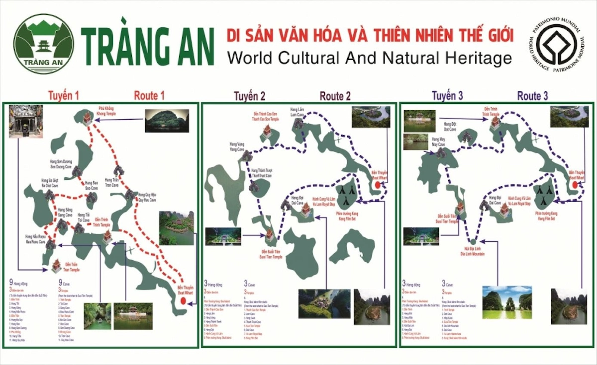 Map of Routes 1, 2, and 3 for Trang An boat tours in Ninh Binh
