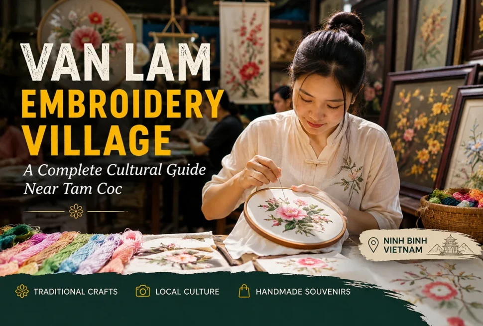 Traditional embroidery artisan at Van Lam Embroidery Village near Tam Coc