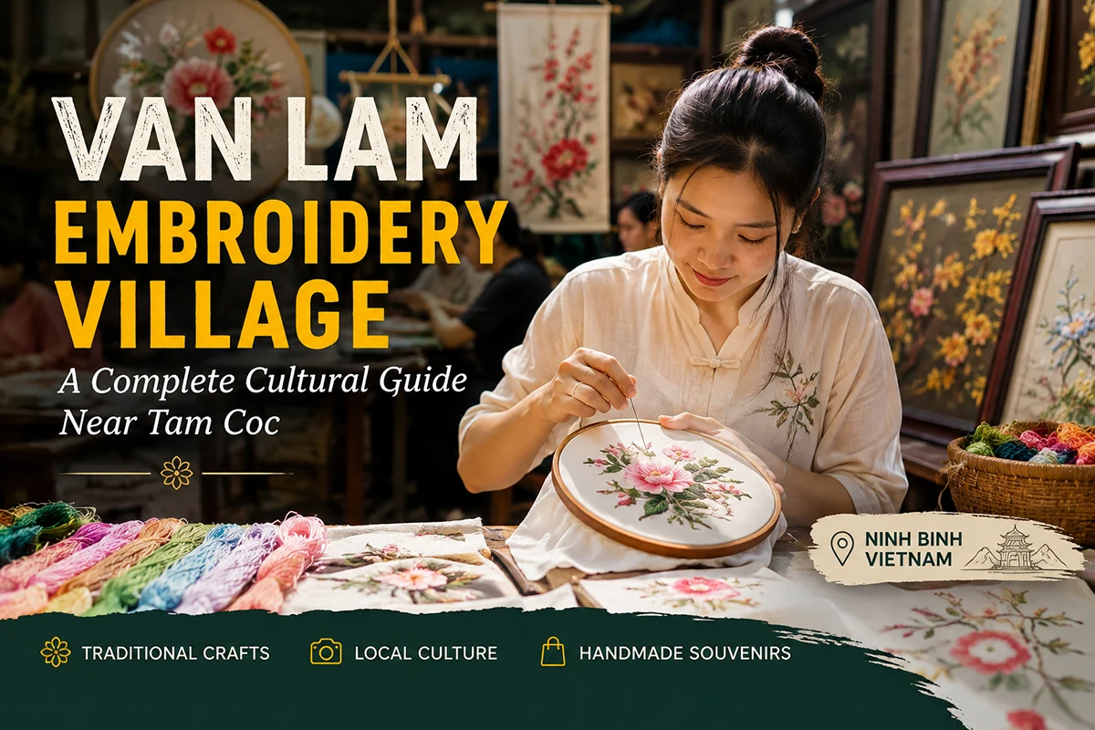 Traditional embroidery artisan at Van Lam Embroidery Village near Tam Coc