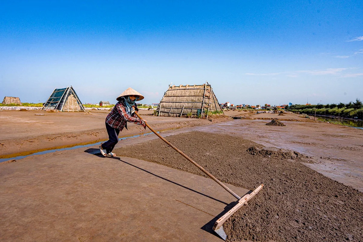 Salt farmer raking salt across the evaporation ponds at Bach Long Salt Field