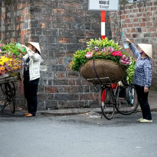 Flower vendors with bicycles along Hanoi's historic Old Quarter streets