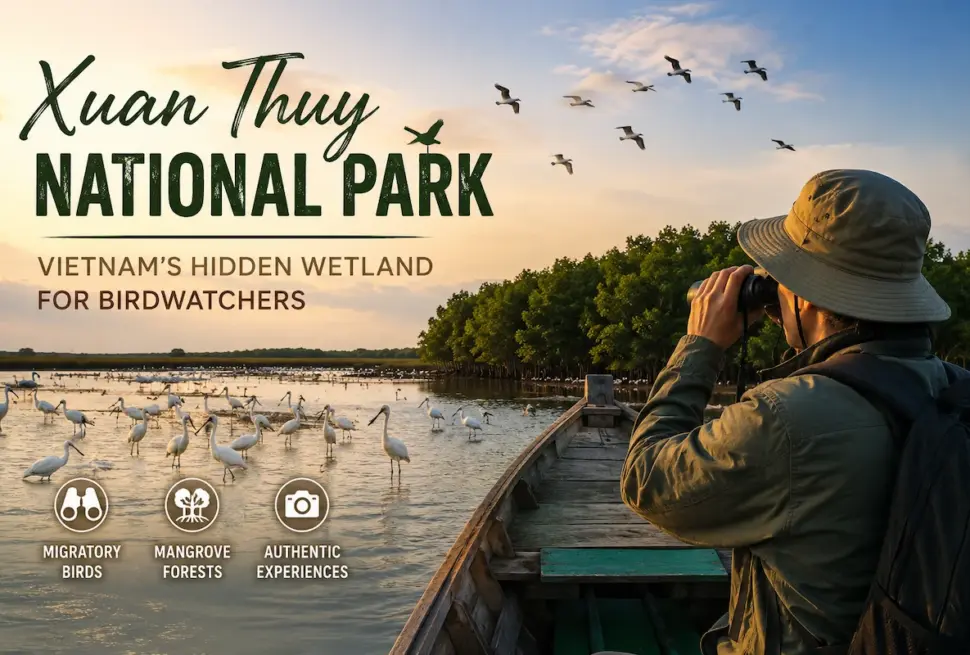 Birdwatcher observing migratory birds at Xuan Thuy National Park in Ninh Binh