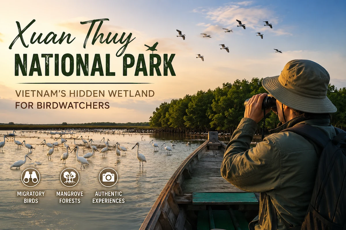 Birdwatcher observing migratory birds at Xuan Thuy National Park in Ninh Binh