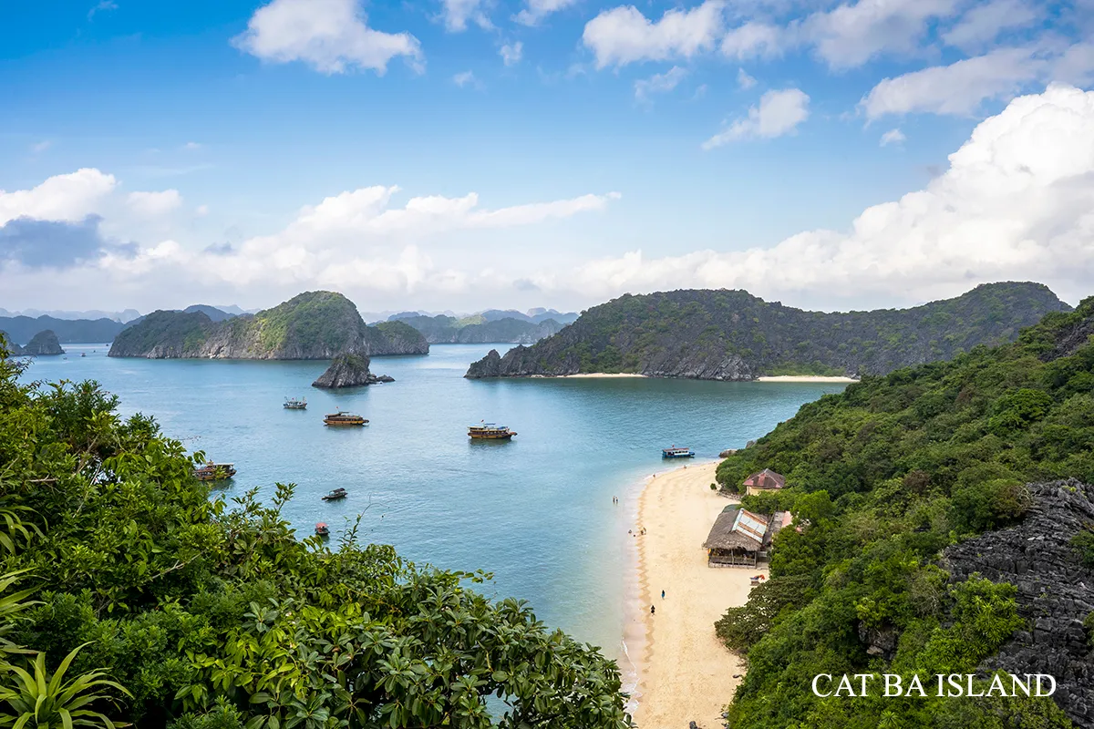 Cat Ba Island coastline with limestone islands and beaches