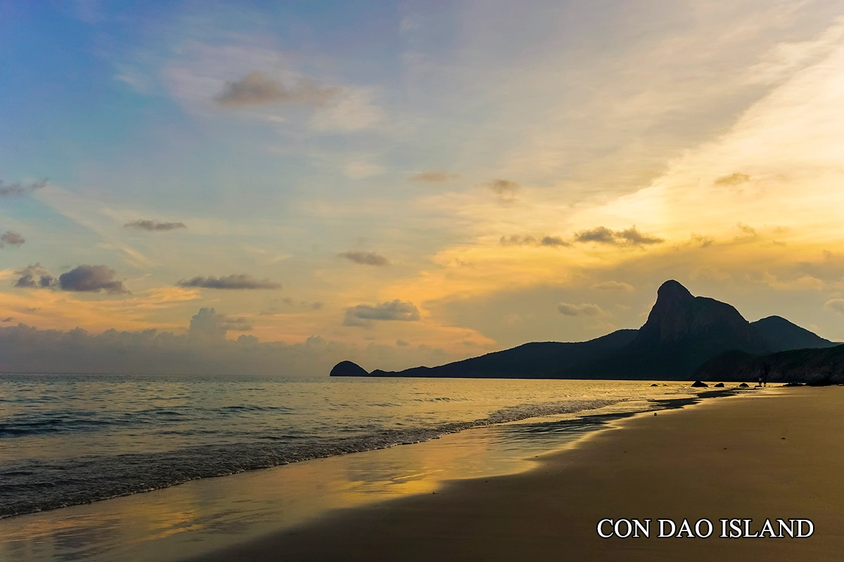Con Dao Island beach and mountains at sunset in Vietnam