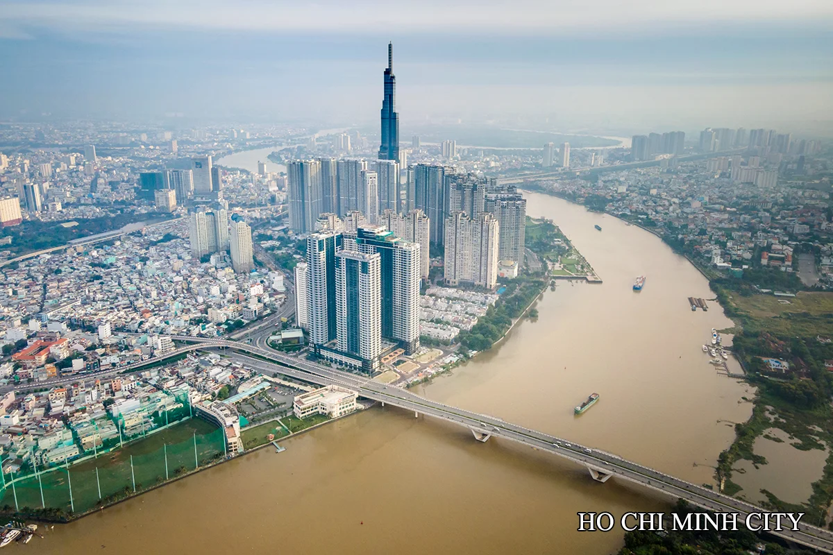 Ho Chi Minh City skyline and Saigon River from above