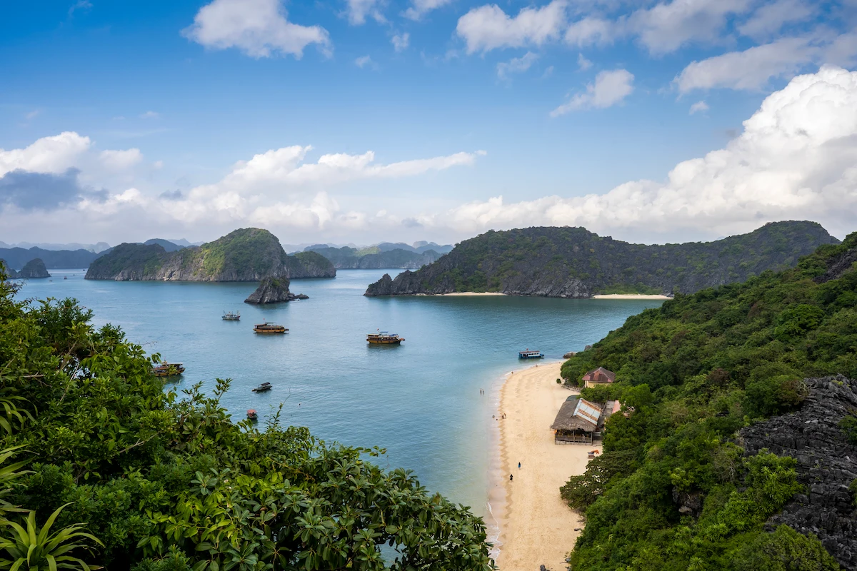 Cruise boats near a sandy beach surrounded by Ha Long Bay limestone islands