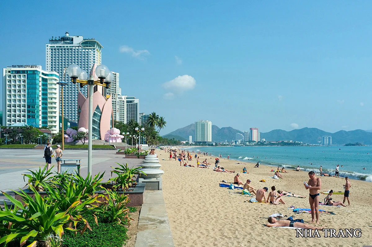 Nha Trang beach with city skyline and turquoise sea