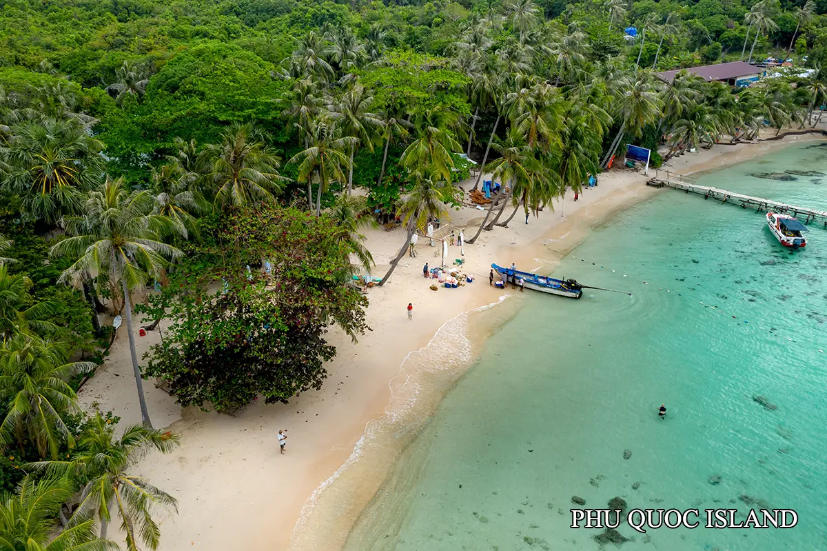Phu Quoc tropical beach with palm trees and turquoise water